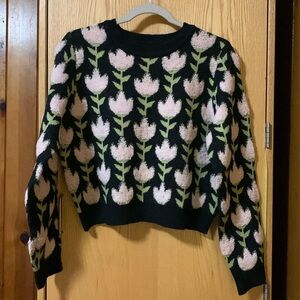 Winter jacket, black, purple, green, floral, medium size